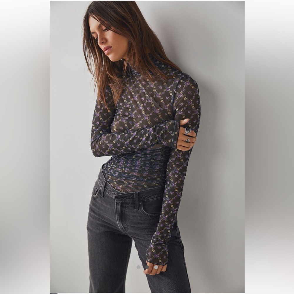 Free People Under It All Printed Mesh Bodysuit in Midnight Combo NEW - Picture 3 of 11